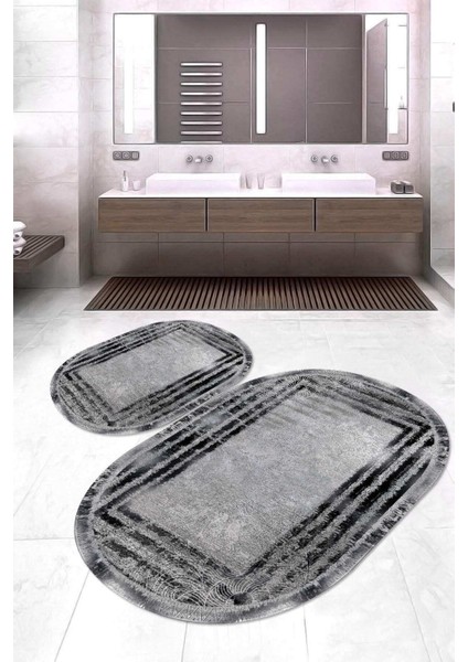 Dijital Baskılı Kaymaz Taban Yıkanabilir Oval 2'li Klozet Takımı Banyo Paspası NOKZ-SD-236