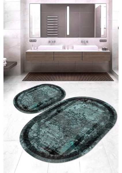 Dijital Baskılı Kaymaz Taban Yıkanabilir Oval 2'li Klozet Takımı Banyo Paspası NOKZ-SD-279