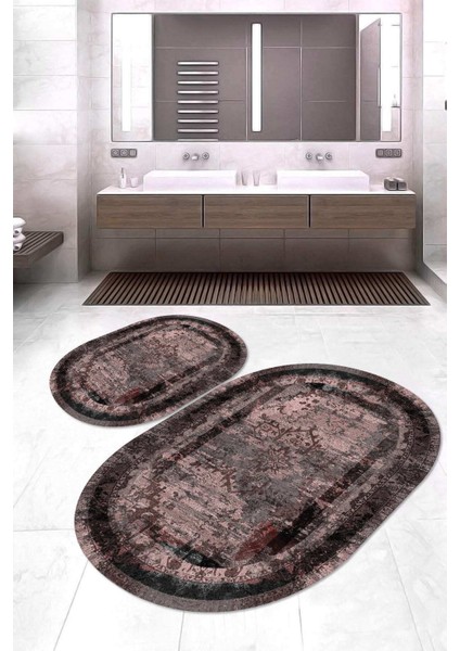 Dijital Baskılı Kaymaz Taban Yıkanabilir Oval 2'li Klozet Takımı Banyo Paspası NOKZ-SD-281