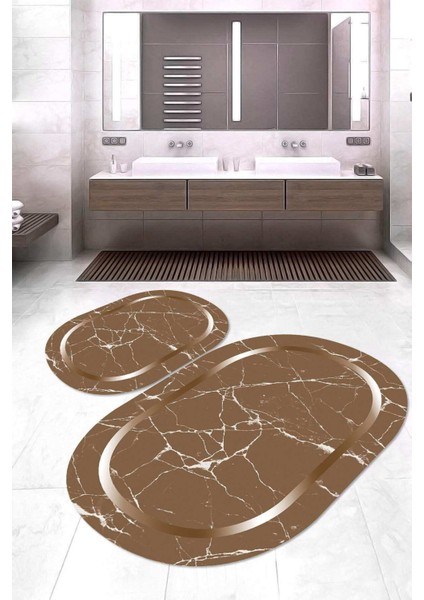 Dijital Baskılı Kaymaz Taban Yıkanabilir Oval 2'li Klozet Takımı Banyo Paspası NOKZ-SD-580