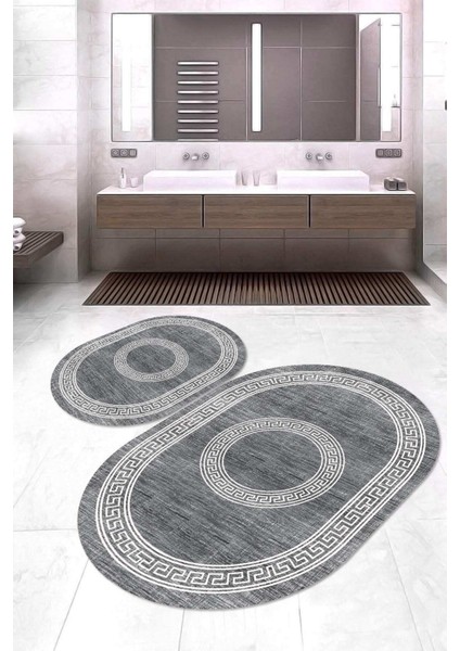 Dijital Baskılı Kaymaz Taban Yıkanabilir Oval 2'li Klozet Takımı Banyo Paspası NOKZ-SD-583