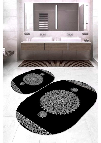 Dijital Baskılı Kaymaz Taban Yıkanabilir Oval 2'li Klozet Takımı Banyo Paspası NOKZ-SD-620