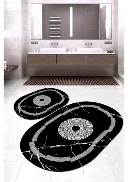 Dijital Baskılı Kaymaz Taban Yıkanabilir Oval 2'li Klozet Takımı Banyo Paspası NOKZ-SD-594