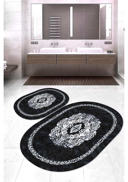 Dijital Baskılı Kaymaz Taban Yıkanabilir Oval 2'li Klozet Takımı Banyo Paspası NOKZ-SD-633