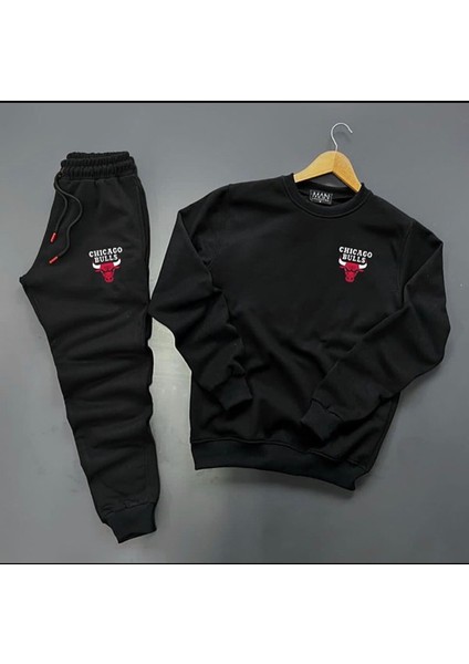 Yeni Sezon Unisex Bulls Baskılı Gri Pamuklu Sıfır Yaka- Pamuklu Gri Eşofman Altı Takım 2'li