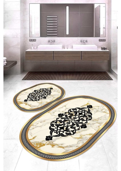 Dijital Baskılı Kaymaz Taban Yıkanabilir Oval 2'li Klozet Takımı Banyo Paspası NOKZ-SD-799
