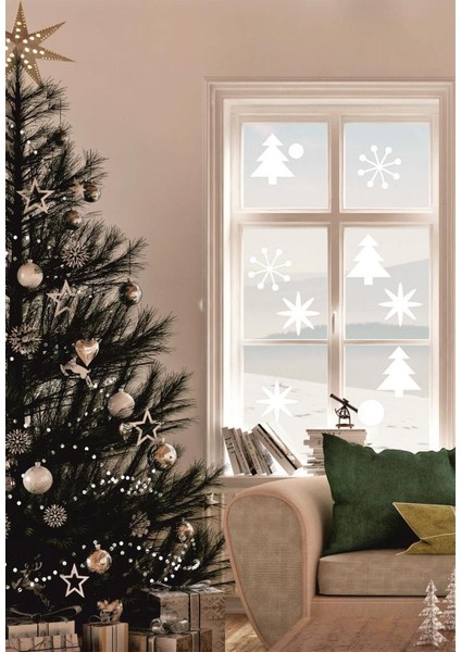 Lizpo Decor Yeniyıl Noel Temalı Vitrin Cam Sticker Sticker Dekorasyon 120 Adet Beyaz