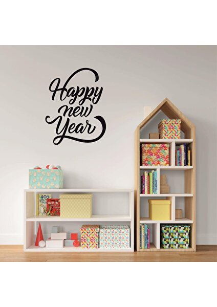 Lizpo Decor Happy New Year Temalı Vitrin Cam Sticker Dekorasyon 50 x 70 Siyah