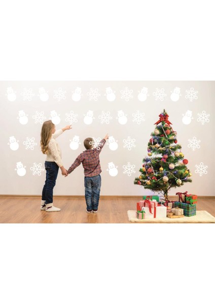 Lizpo Decor Yeniyıl Noel Temalı Vitrin Cam Kardan Adam  Kar Tanesi Sticker Sticker Dekorasyon 69 Adet  Beyaz