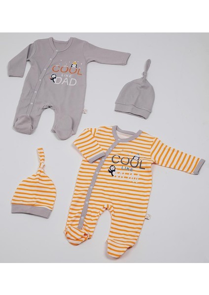 Cool Like Dad + Mom Baskılı 4'lü Set 2 Tulum + 2 Şapka 0-3 Ay