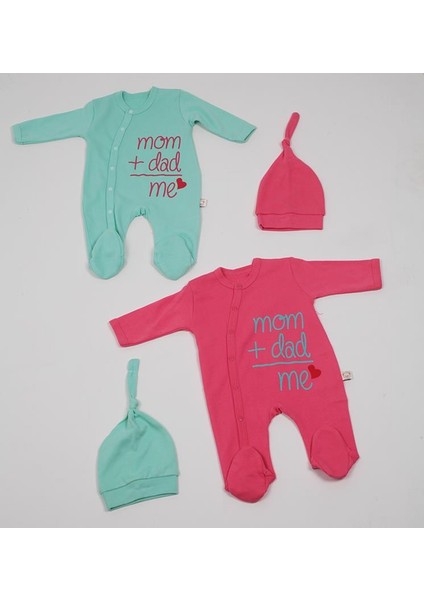 Mom + Dad Me Baskılı Turkuaz 4'lü Set 2 Tulum + 2 Şapka 0-3 Ay
