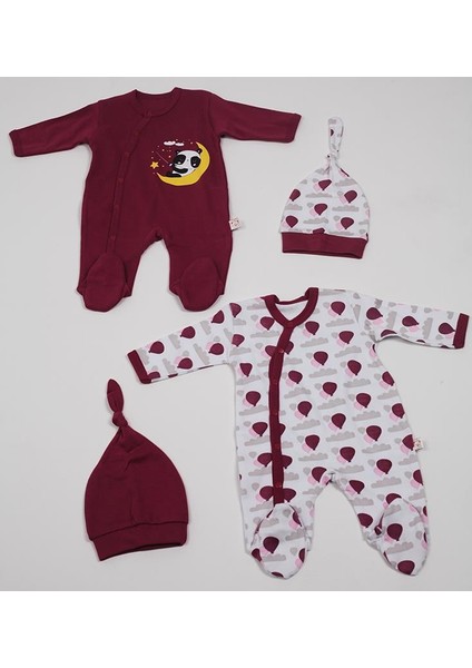 Panda , Balon Baskılı Bordo 4'lü Set 2 Tulum + 2 Şapka 0-3 Ay