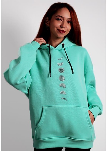 Unisex Oversize Hoodie Moon Themed Turquoise