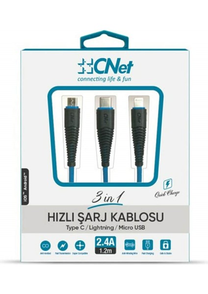 Cnet 3in1 Hızlı Şarj Kablosu