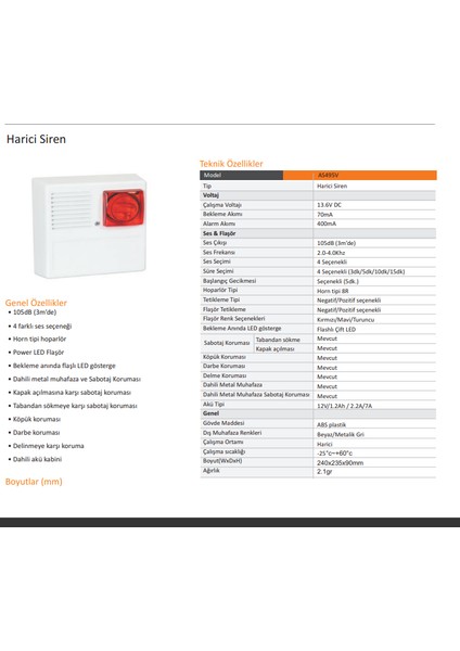 AS495L LED Flaşörlü Metal Muhafazalı Harici Siren 110DB fiyatları