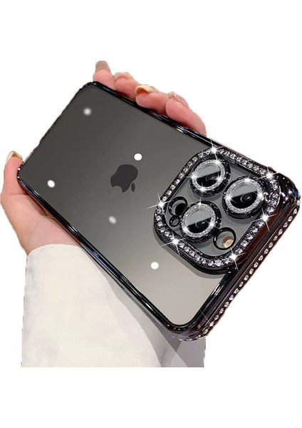 Apple iPhone 14 Pro Kılıf Koruma Lensli Taşlı Dizayn Şeffaf Kapak