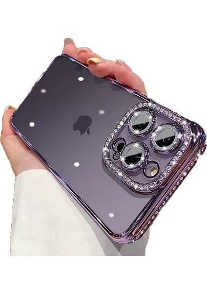 Apple iPhone 12 Pro Kılıf Koruma Lensli Taşlı Dizayn Şeffaf Kapak