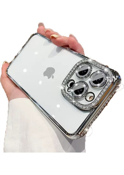Apple iPhone 12 Pro Kılıf Koruma Lensli Taşlı Dizayn Şeffaf Kapak
