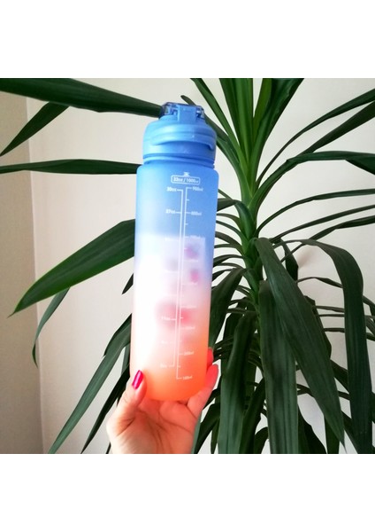 1 Litre Mavi Kapaklı Motivasyonlu Tritan Spor Salonu Şişesi Su Matarası