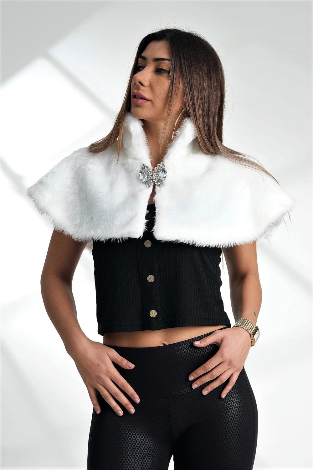 Keyifli Moda Kadın Beyaz Broşlu Kürk Etol Bolero görsel 4