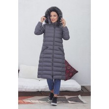 KMK Kombin Kmkkombin Uzun Dolgulu Siyah Şişme Mont Kapşonu Kürklü Yoğun Elyaflı Büyük Beden