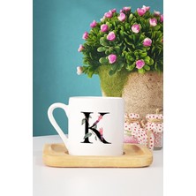 Hedizu Çiçek Desenli K Harfli Türk Kahvesi Fincanı Ahşap Altlıklı