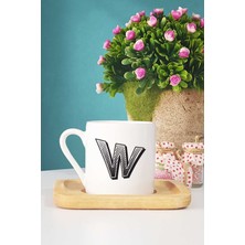 Harf Tasarımlı W Harfli Türk Kahvesi Fincanı Ahşap Altlıklı