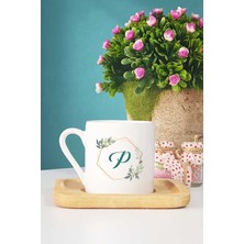 Hedizu Çiçekli P Harfli Türk Kahvesi Fincanı Ahşap Altlıklı