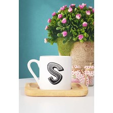 Hedizu Harf Tasarımlı S Harfli Türk Kahvesi Fincanı Ahşap Altlıklı