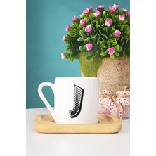 Hedizu Harf Tasarımlı J Harfli Türk Kahvesi Fincanı Ahşap Altlıklı