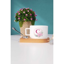 Hedizu Çiçekli C Harfli Ahşap Altlıklı Fincan