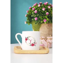 Hedizu Çiçekli Y Harfli Türk Kahvesi Fincanı Ahşap Altlıklı