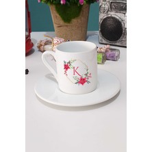 Hedizu Çiçekli K Harfli Türk Kahvesi Fincanı Beyaz