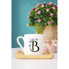 Hedizu Çiçekli B Harfli Türk Kahvesi Fincanı Ahşap Altlıklı