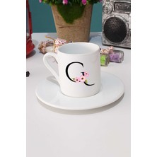 Hedizu Çiçekli G Harfli Türk Kahvesi Fincanı Beyaz