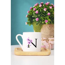 Hedizu Çiçekli N Harfli Türk Kahvesi Fincanı Ahşap Altlıklı