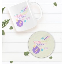 Bk Gift Kişiye Özel Yeni Işinde Başarılar Dilerim Beyaz Kupa Bardak Ve Yuvarlak Ahşap Bardak Altlığı Hediye Seti -2