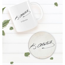 Bk Gift Kişiye Özel Atatürk Temalı Beyaz Kupa Bardak Ve Yuvarlak Ahşap Bardak Altlığı Hediye Seti -29
