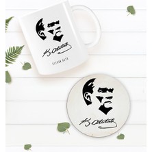 Bk Gift Kişiye Özel Atatürk Temalı Beyaz Kupa Bardak Ve Yuvarlak Ahşap Bardak Altlığı Hediye Seti -24