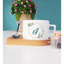 Hedizu Çiçekli J Harfli Ahşap Altlıklı Fincan