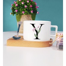 Hedizu Çiçek Desenli Y Harfli Ahşap Altlıklı Fincan