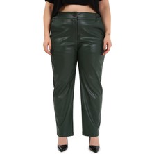 Disentis Modest Büyük Beden Beli Yanlardan Lastikli Cepli Haki Deri Pantolon