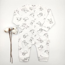 Bebek Star Kedi ve Köpek Desenli Beyaz %100 Cotton Bebek Tulumu
