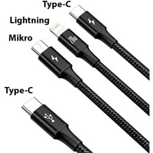 Baseus 1.5 Metre 20W 3in1 Type C, Iphone Lightning ve Micro Ultra Hızlı Şarj ve Data Kablosu