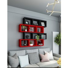 Dekormer Design Kitaplık  Duvar Rafı Kırmızı Siyah 4'lü Takım