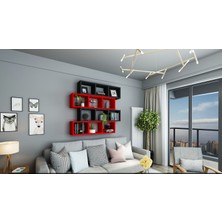 Dekormer Design Kitaplık  Duvar Rafı Kırmızı Siyah 4'lü Takım