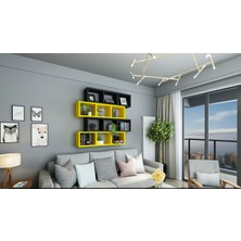 Dekormer Design Kitaplık  Duvar Rafı Sarı Siyah 4'lü Takım