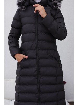 KMK Kombin Kmkkombin Uzun Dolgulu Siyah Şişme Mont Kapşonu Kürklü Yoğun Elyaflı Büyük Beden