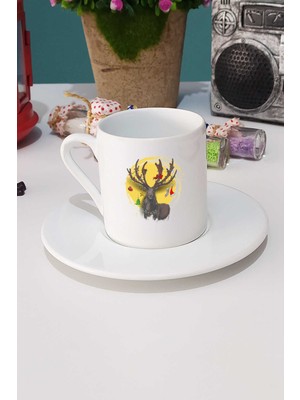 Hedizu Mutlu Yıllar Geyikli Yılbaşı Hediyesi Türk Kahvesi Fincanı Beyaz