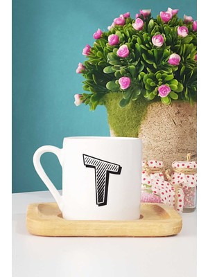 Hedizu Harf Tasarımlı T Harfli Türk Kahvesi Fincanı Ahşap Altlıklı